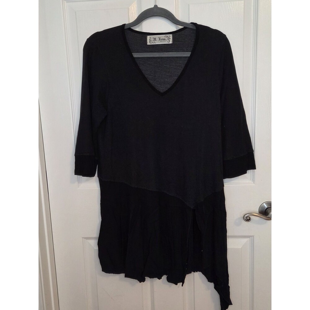 M. Rena Black Mixed Media Asymmetrical Hem Tunic Top Women's Size SMALL